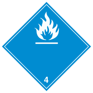 Знак безопасности 4.3 «Вещества, выделяющие легковоспламеняющиеся газы при соприкосновении с водой» (белые буквы)