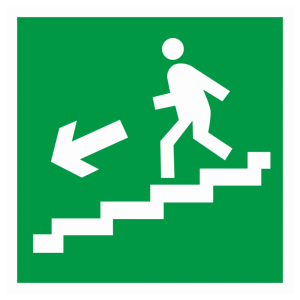 Знак безопасности E-14 «Направление к эвакуационному выходу по лестнице вниз» (налево)